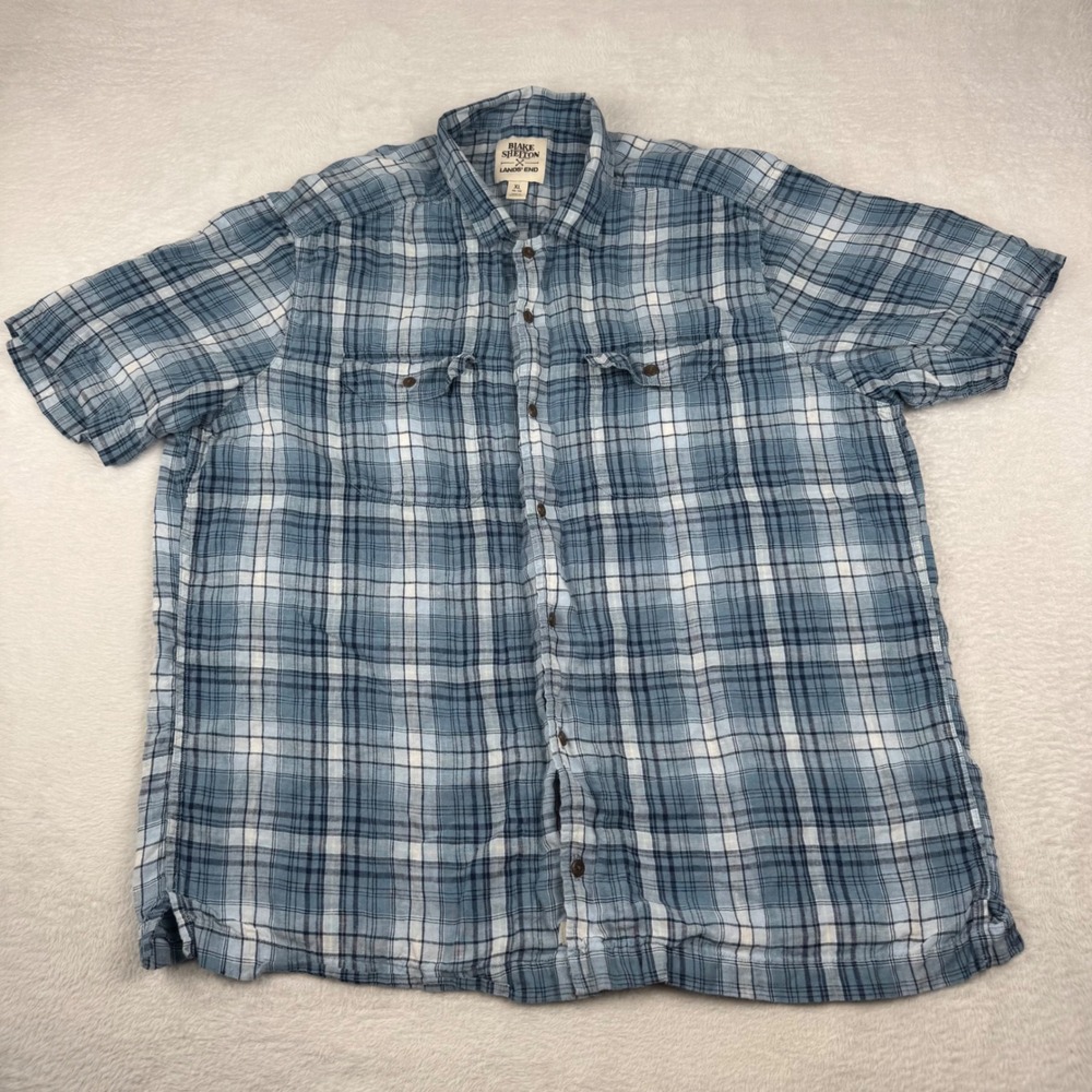 Blake Shelton Lands End Button Up Shirt Mens XL Blue Plaid 100% Linen Short Slv